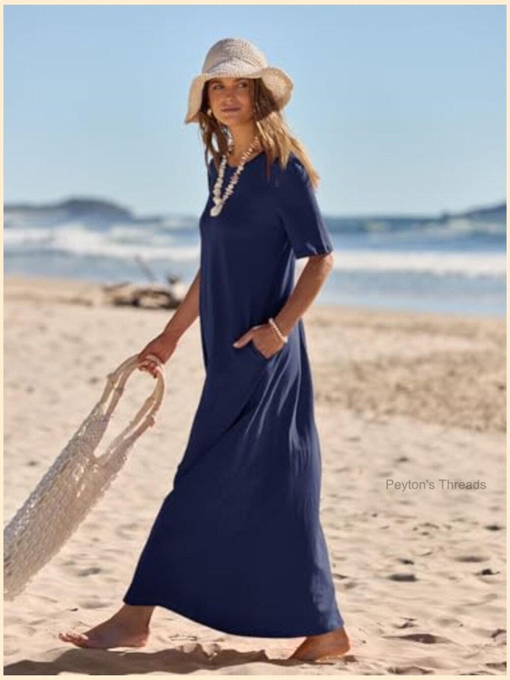 Summer Casual Maxi Dress with Pockets Crew Neck Short Sleeve Modest Long T - Picture 2 of 7